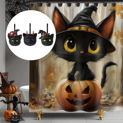 Sunlit Halloween Black Cat Shower Curtain Hooks, Home Decorative Shower Curtain Rings for Bathroom, Halloween Shower Curtain Hangers Bathroom Accessories, Set of 12, Wizard Cat
