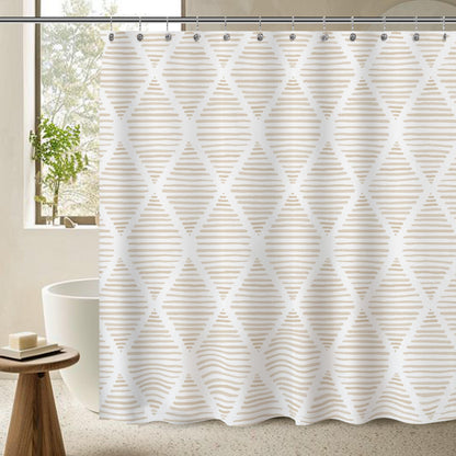 Sunlit Boho Textured Slubbed Fabric Shower Curtain, Organic Modern Geometric Striped Shower Curtains for Bathroom Decoration, Beige and White Rhombus Shower Curtains, 71x71