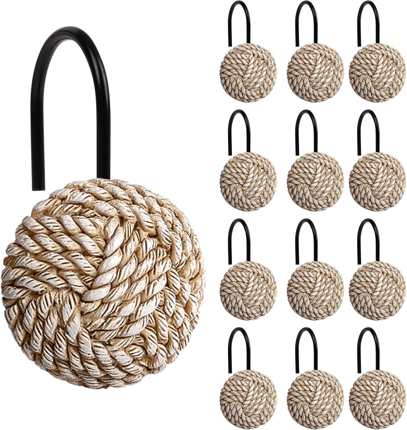 Sunlit Boho Knots Double Shower Curtain Hooks, Home Decorative Shower Curtain Rings for Bathroom, Seaside Nautical Shower Curtain Hangers Bathroom Accessories, Set of 12