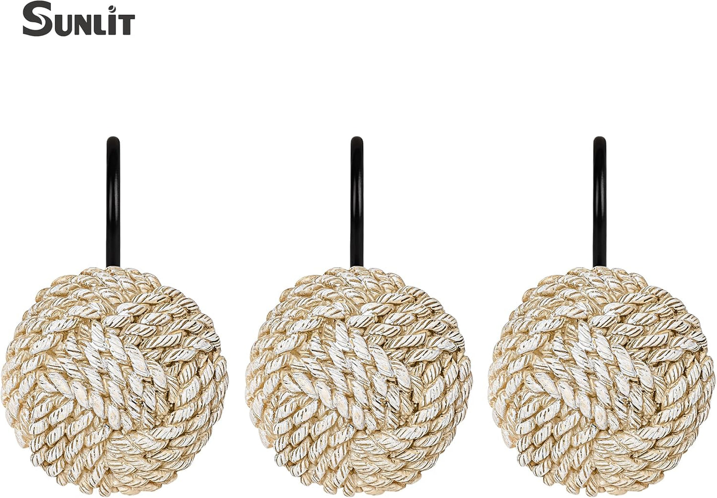 Sunlit Boho Knots Double Shower Curtain Hooks, Home Decorative Shower Curtain Rings for Bathroom, Seaside Nautical Shower Curtain Hangers Bathroom Accessories, Set of 12