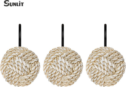 Sunlit Boho Knots Double Shower Curtain Hooks, Home Decorative Shower Curtain Rings for Bathroom, Seaside Nautical Shower Curtain Hangers Bathroom Accessories, Set of 12