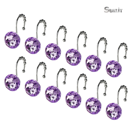 Sunlit Luxury Design Round Clear Diamond Crystal Gem Bling with Glide Balls Double Shower Curtain Hooks, Rust Proof Metal Rhinestones Glam Shower Curtain Rings-12 Pack