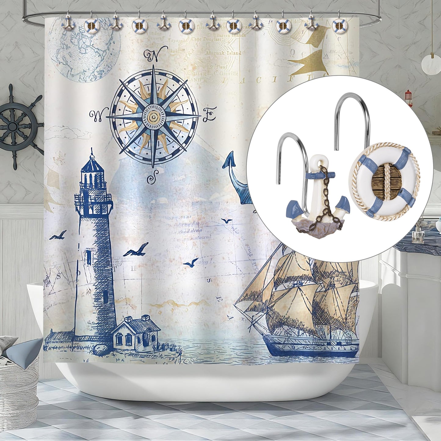 Sunlit Nautical Shower Curtain Hooks, Home Decorative Coastal Shower Curtain Rings for Bathroom, Resin, Ocean Shower Curtain Hanger Hooks for Living Room, Set of 12, Blue Anchor Rudder