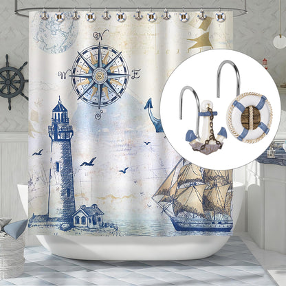 Sunlit Nautical Shower Curtain Hooks, Home Decorative Coastal Shower Curtain Rings for Bathroom, Resin, Ocean Shower Curtain Hanger Hooks for Living Room, Set of 12, Blue Anchor Rudder