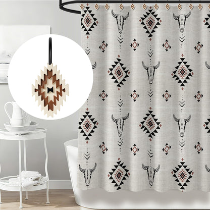 Sunlit Western Shower Curtain Hooks, Aztec Tribal Shower Curtain Hanger Hooks, Decorative Resin Rustic Geometric Curtain Rings for Bathroom, Set of 12, Black and Cream White