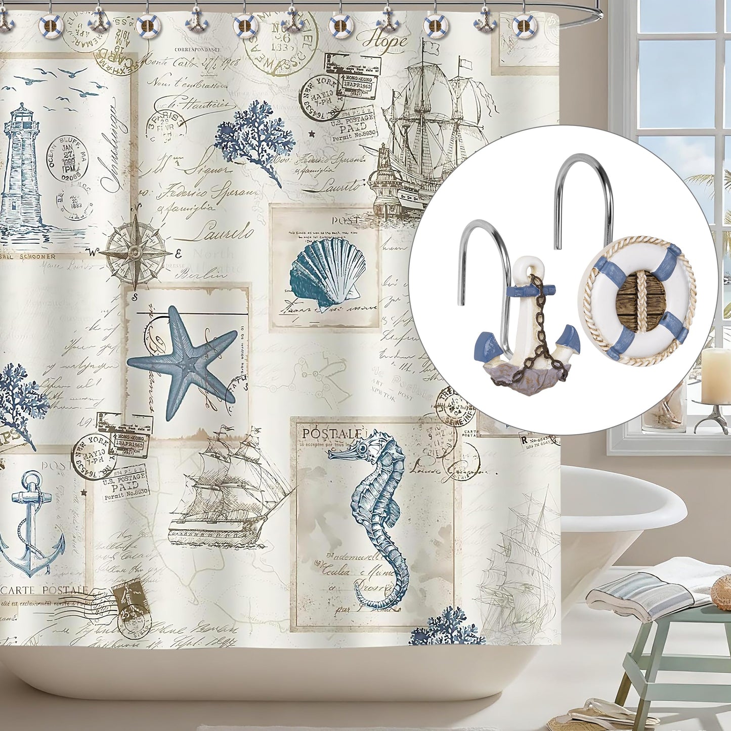 Sunlit Nautical Shower Curtain Hooks, Home Decorative Coastal Shower Curtain Rings for Bathroom, Resin, Ocean Shower Curtain Hanger Hooks for Living Room, Set of 12, Blue Anchor Rudder