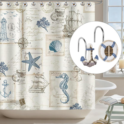 Sunlit Nautical Shower Curtain Hooks, Home Decorative Coastal Shower Curtain Rings for Bathroom, Resin, Ocean Shower Curtain Hanger Hooks for Living Room, Set of 12, Blue Anchor Rudder