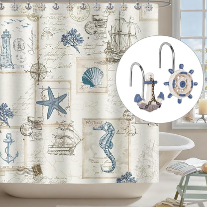 Sunlit Nautical Shower Curtain Hooks, Home Decorative Coastal Shower Curtain Rings for Bathroom, Resin, Ocean Shower Curtain Hanger Hooks for Living Room, Set of 12, Blue Anchor Rudder