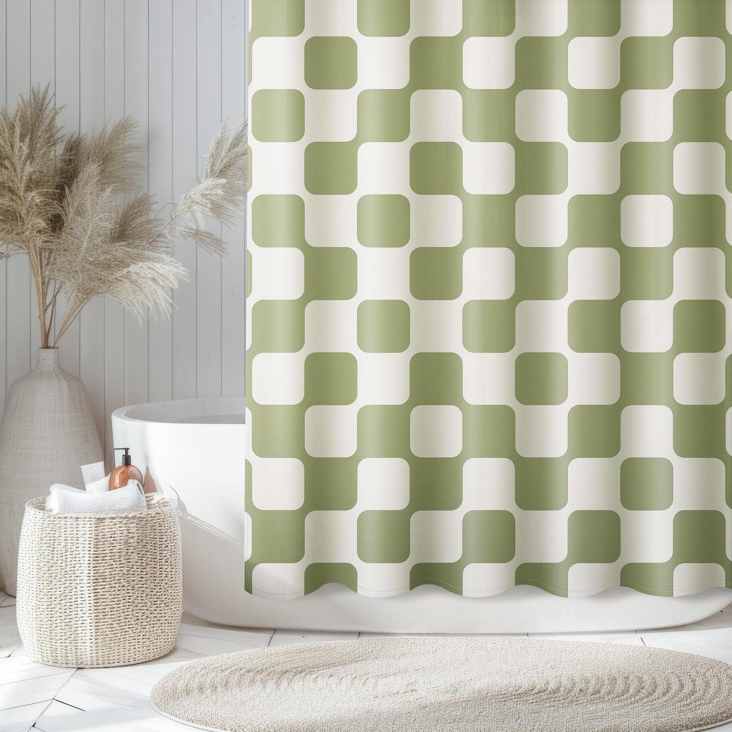 Sunlit Retro Checkered Faux Linen Fabric Shower Curtain, Beige Geometric Design with Organic Rounded Grid Pattern, Mid-Century Modern Bathroom Decor, 72" x 72"