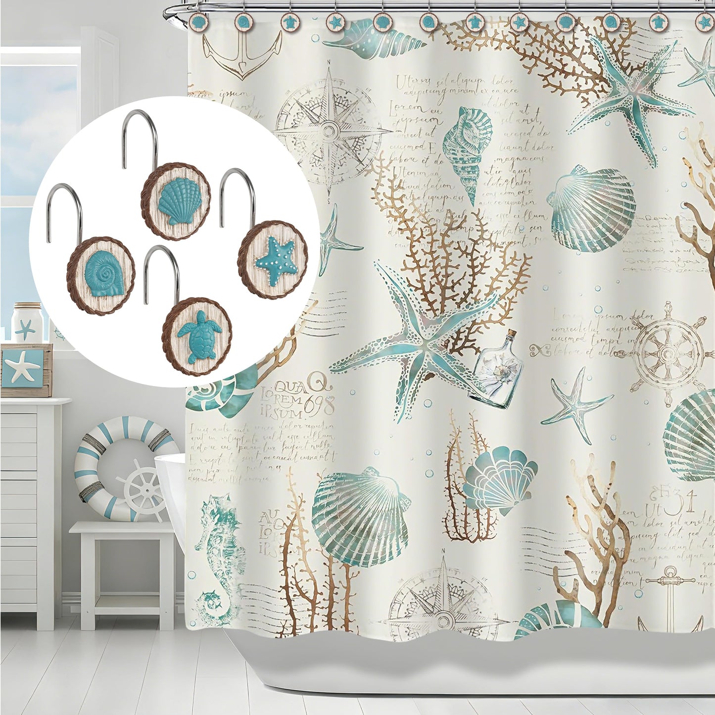 Sunlit Ocean Decorative Shower Curtain Hooks, Sea Turtle Spiral Shell Starfish Conch Shower Curtain Rings, Resin, Nautical Farmhouse Bathroom Decoration Beach Shower Curtain Hooks-12 Pack, Navy