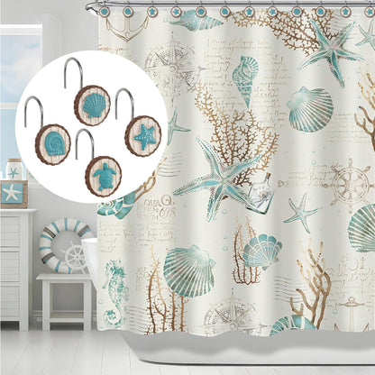 Sunlit Ocean Decorative Shower Curtain Hooks, Sea Turtle Spiral Shell Starfish Conch Shower Curtain Rings, Resin, Nautical Farmhouse Bathroom Decoration Beach Shower Curtain Hooks-12 Pack, Navy