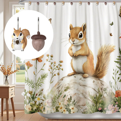 Sunlit Fall Autumn Decorative Shower Curtain Hooks, Squirrel Acorn Shower Curtain Rings, Resin, Orange Brown Cute Bathroom Curtain Hangers Decoration, Set of 12