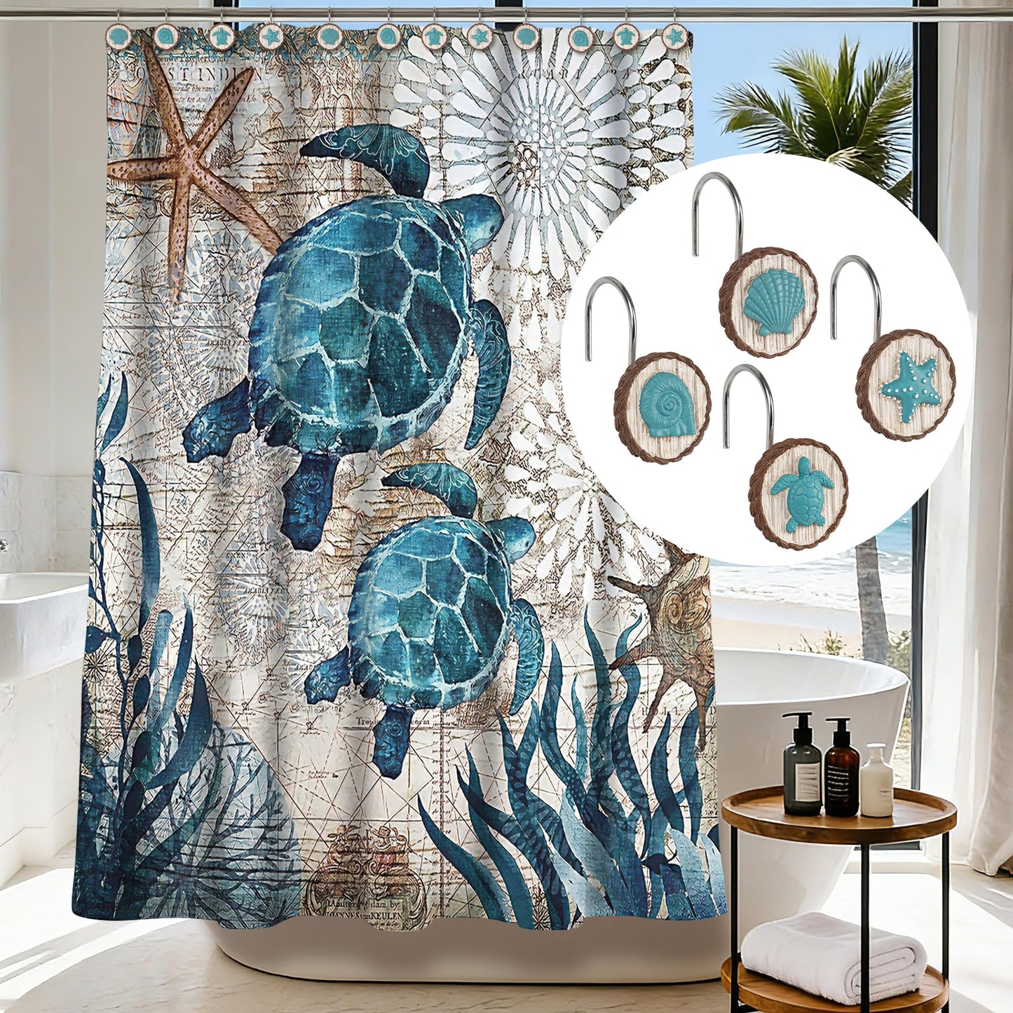 Sunlit Ocean Decorative Shower Curtain Hooks, Sea Turtle Spiral Shell Starfish Conch Shower Curtain Rings, Resin, Nautical Farmhouse Bathroom Decoration Beach Shower Curtain Hooks-12 Pack, Navy
