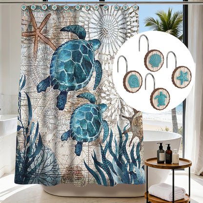 Sunlit Ocean Decorative Shower Curtain Hooks, Sea Turtle Spiral Shell Starfish Conch Shower Curtain Rings, Resin, Nautical Farmhouse Bathroom Decoration Beach Shower Curtain Hooks-12 Pack, Navy