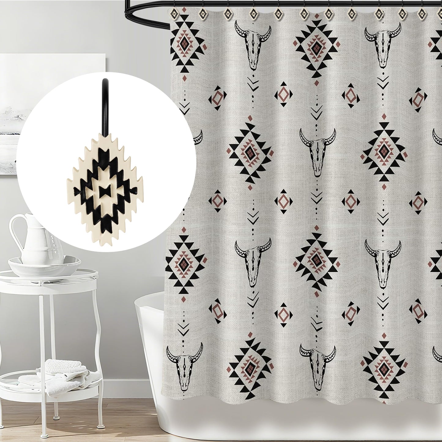 Sunlit Western Shower Curtain Hooks, Aztec Tribal Shower Curtain Hanger Hooks, Decorative Resin Rustic Geometric Curtain Rings for Bathroom, Set of 12, Black and Cream White