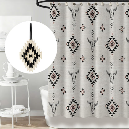 Sunlit Western Shower Curtain Hooks, Aztec Tribal Shower Curtain Hanger Hooks, Decorative Resin Rustic Geometric Curtain Rings for Bathroom, Set of 12, Black and Cream White