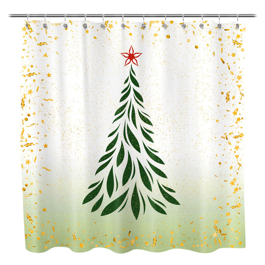 Sunlit Christmas Shower Curtain, Green Xmas Pine Tree with Red Star Ornament Holiday Farmhouse Decorations, Festive Bathroom Fabric Shower Curtain, Home Decor Tapestry