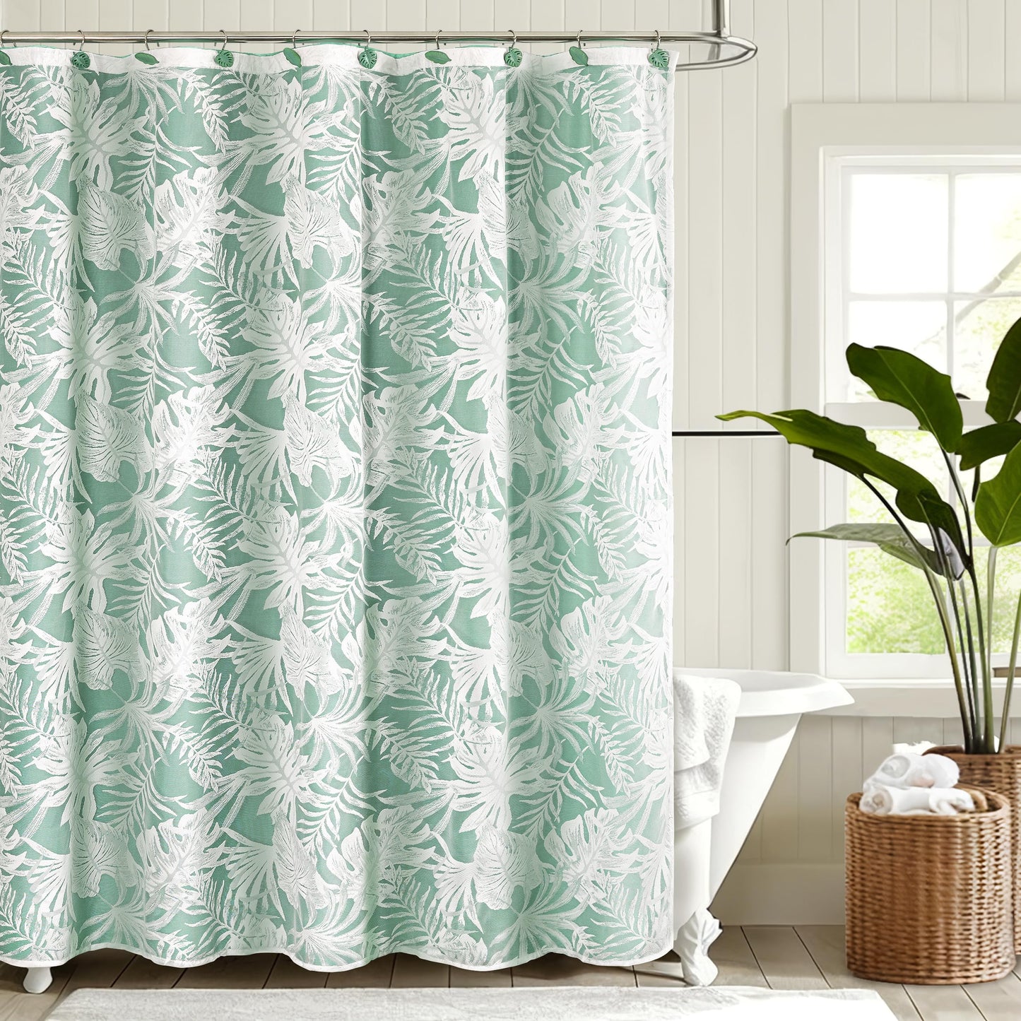 White Palm Leaves Fabric Shower Curtains with Green Liner, Tropical Leaf Detachable Double Layer Shower Curtain for Bathroom, Water-Repellent Home Bathroom Decor, 71x71 Inch