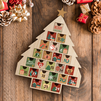 Sunlit Christmas Wooden Advent Calendar with Drawers, Unfinished Wooden, Christmas Tree Shaped Countdown Calendar Ready to Decorate and Personalize | Craft Storage Box | DIY Guru and Crafters