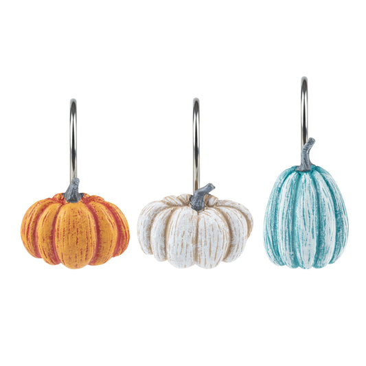 Sunlit Fall Pumpkin Decorative Shower Curtain Hooks, Autumn Harvest Festival Shower Curtain Rings, Resin, Blue Khaki Orange Farmhouse Bathroom Curtain Hangers Decoration, Set of 12