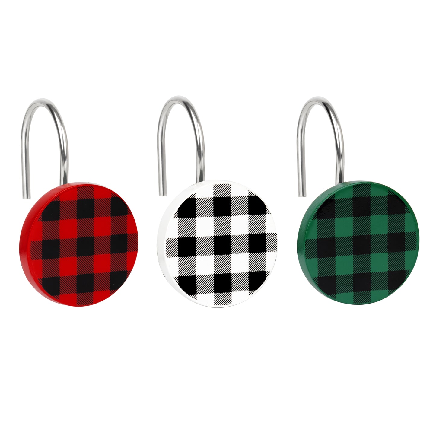 Christmas Decorative Shower Curtain Hooks, Plaid Buffalo Check Shower Curtain Rings, Xmas Classic Decor for Bathroom Home, Round Shower Curtain Hangers, Set of 12, White Black Red Green