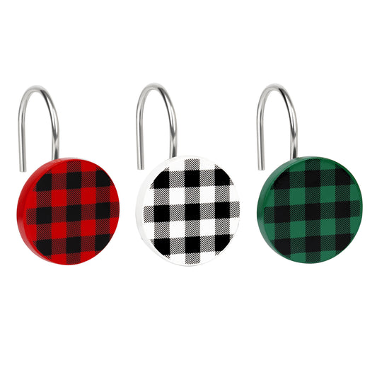 Christmas Decorative Shower Curtain Hooks, Plaid Buffalo Check Shower Curtain Rings, Xmas Classic Decor for Bathroom Home, Round Shower Curtain Hangers, Set of 12, White Black Red Green