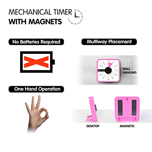 TWENTY5 SEVEN Countdown Timer 7.5 inch; 60 Minute 1 Hour Visual Timer – Classroom Teaching Tool Office Meeting, Mechanical Countdown Clock for Kids Exam Time Management Magnetic, Pink