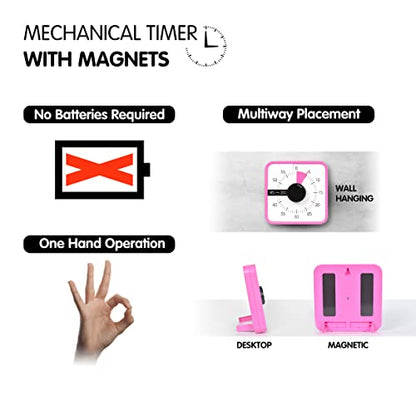 TWENTY5 SEVEN Countdown Timer 7.5 inch; 60 Minute 1 Hour Visual Timer – Classroom Teaching Tool Office Meeting, Mechanical Countdown Clock for Kids Exam Time Management Magnetic, Pink