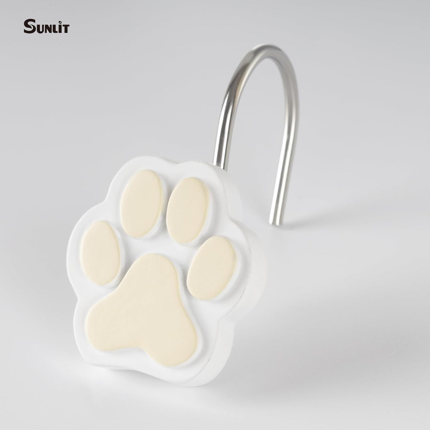 Sunlit Cute Paw Print Decorative Shower Curtain Hooks for Dog Cat Bear, Resin, Lovely Shower Curtain Rings for Kids, Bathroom Decoration Curtain, 12 Pack, White