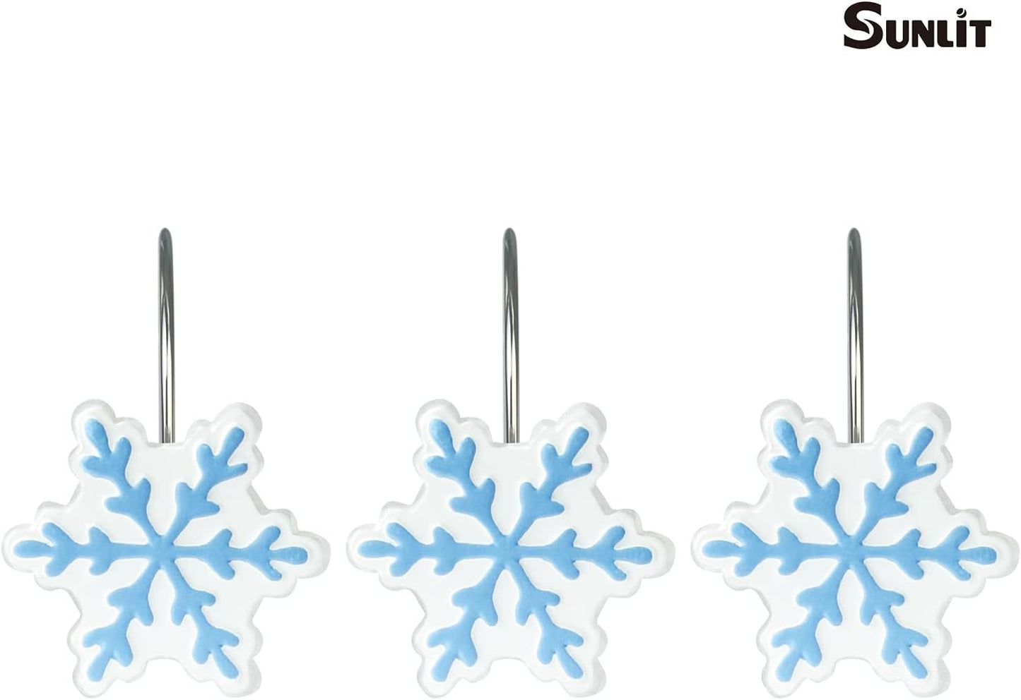 Sunlit Christmas Shower Curtain Hooks Snowflakes Shower Curtain Rings, Resin, White and Light Blue Christmas Decor, Winter Bathroom Decoration - 12 Pack