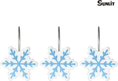 Sunlit Christmas Shower Curtain Hooks Snowflakes Shower Curtain Rings, Resin, White and Light Blue Christmas Decor, Winter Bathroom Decoration - 12 Pack