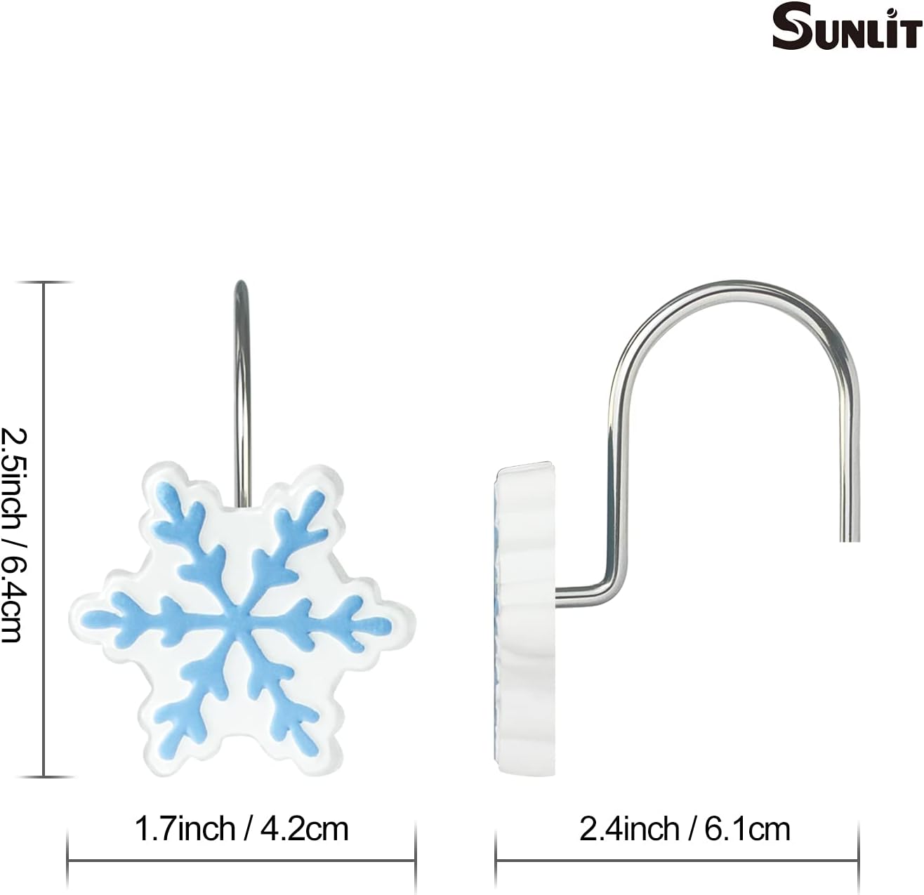 Sunlit Christmas Shower Curtain Hooks Snowflakes Shower Curtain Rings, Resin, White and Light Blue Christmas Decor, Winter Bathroom Decoration - 12 Pack