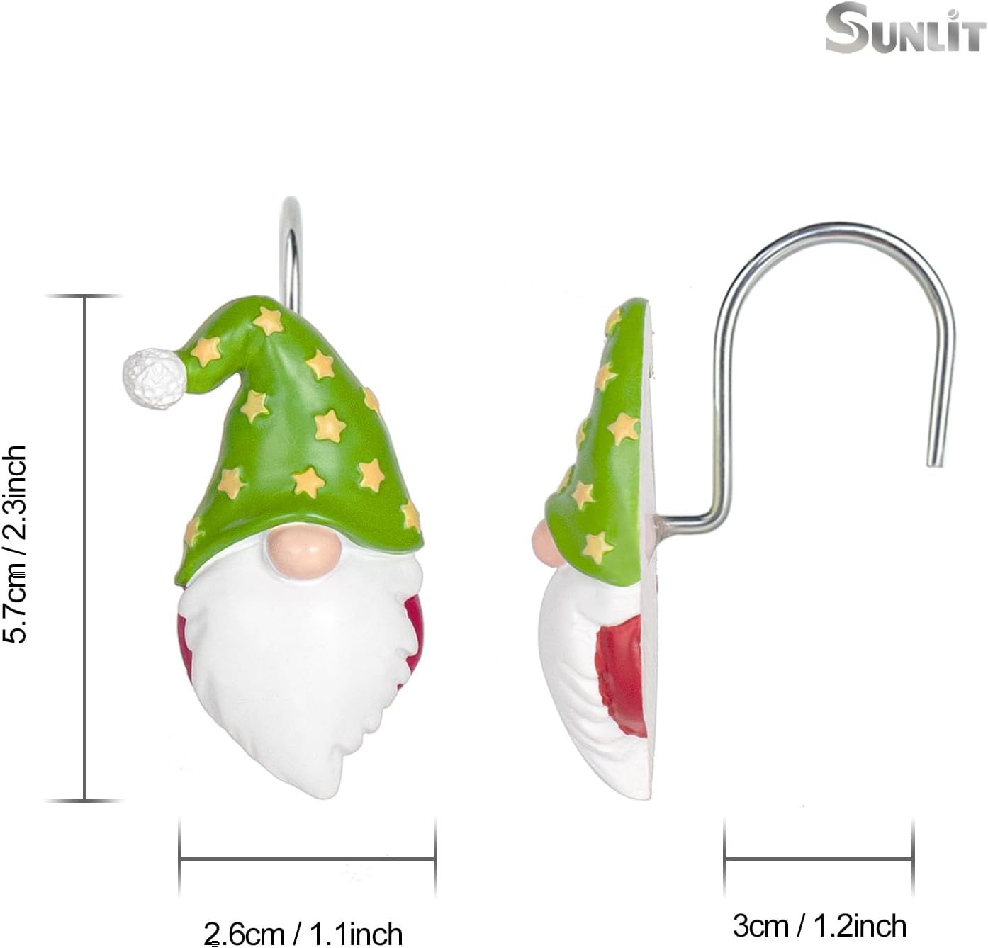 Sunlit Christmas Shower Curtain Hooks, Gnome Shower Curtain Rings, Hand Painted Resin Christmas Decor, Winter Bathroom Decoration, Black Top Hat, Set of 12