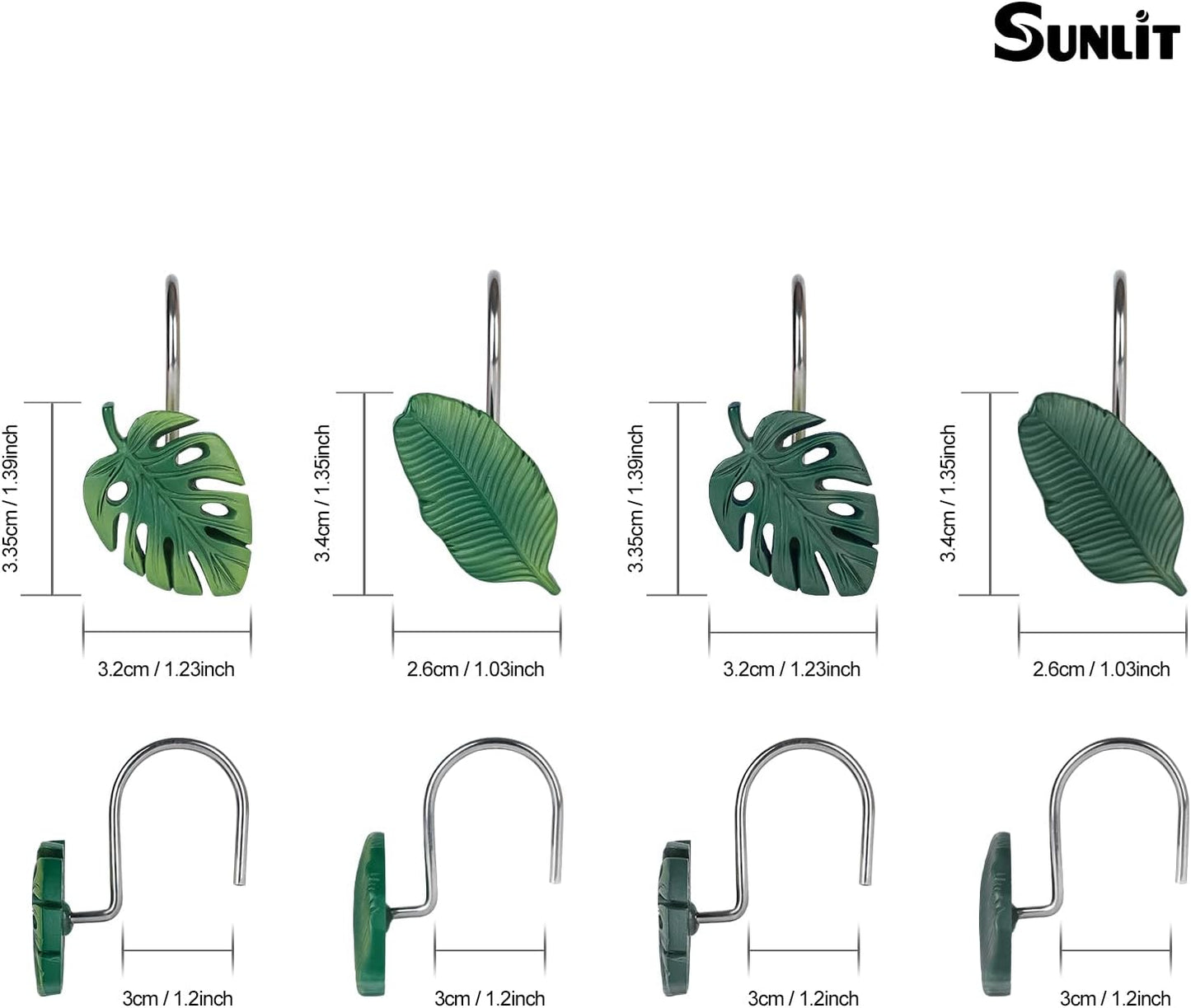 Tropical Leaf Decorative Shower Curtain Hooks Green Botanical Shower Curtain Rings, Resin, Monstera Deliciosa Strelitzia Reginae Leaves Shower Curtain Hangers for Bathroom, Set of 12