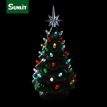 Cordless Lighted Ceramic Christmas Tree Vintage Tabletop Christmas Decoration Pre-Lit Colorful Mini Light Bulbs 13'' Traditional Green AA Battery Operated LED