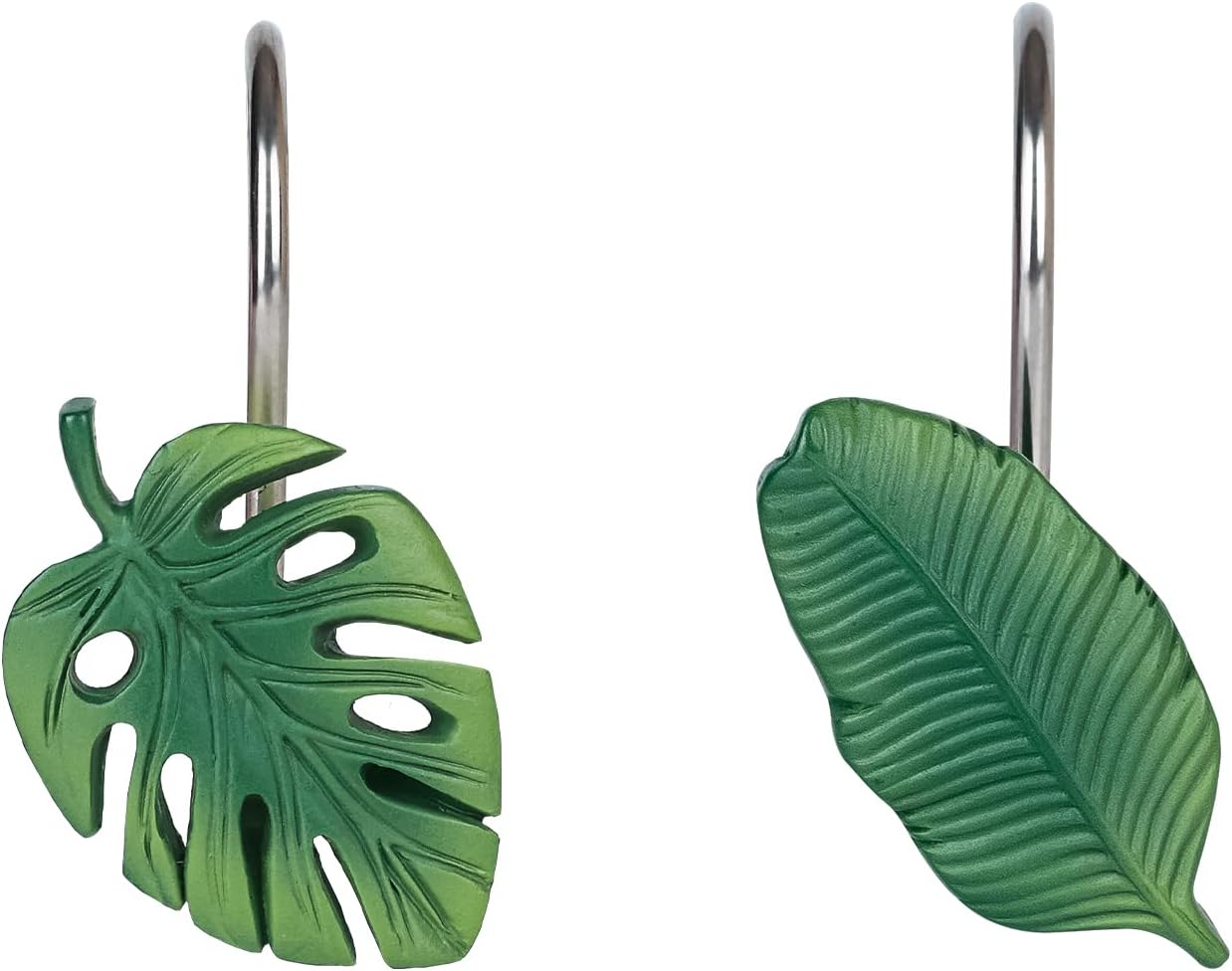 Tropical Leaf Decorative Shower Curtain Hooks Green Botanical Shower Curtain Rings, Resin, Monstera Deliciosa Strelitzia Reginae Leaves Shower Curtain Hangers for Bathroom, Set of 12