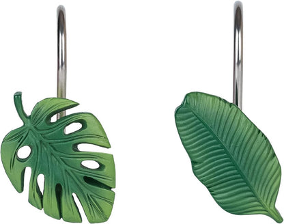 Tropical Leaf Decorative Shower Curtain Hooks Green Botanical Shower Curtain Rings, Resin, Monstera Deliciosa Strelitzia Reginae Leaves Shower Curtain Hangers for Bathroom, Set of 12