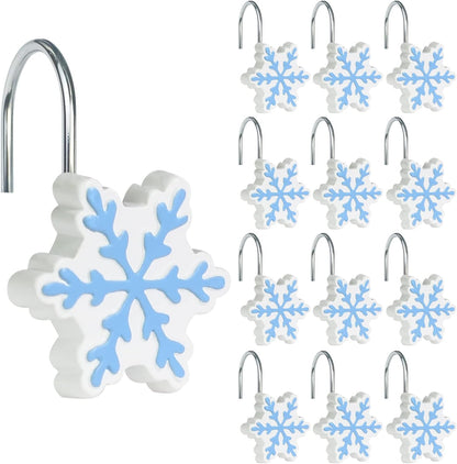 Sunlit Christmas Shower Curtain Hooks Silver Snowflakes Shower Curtain Rings, Resin, White Christmas Decor, Winter Bathroom Decoration - 12 Pack