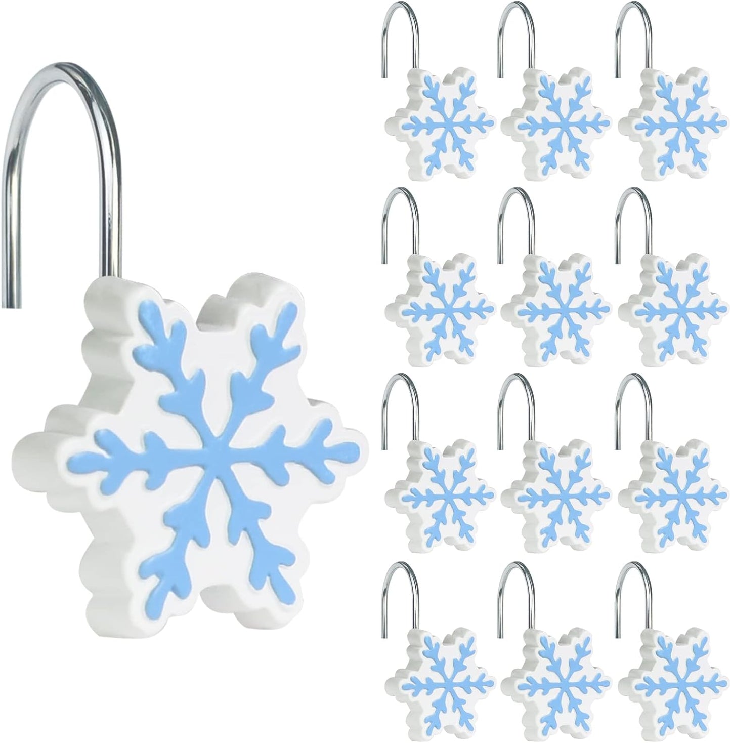 Sunlit Christmas Shower Curtain Hooks Snowflakes Shower Curtain Rings, Resin, White and Light Blue Christmas Decor, Winter Bathroom Decoration - 12 Pack