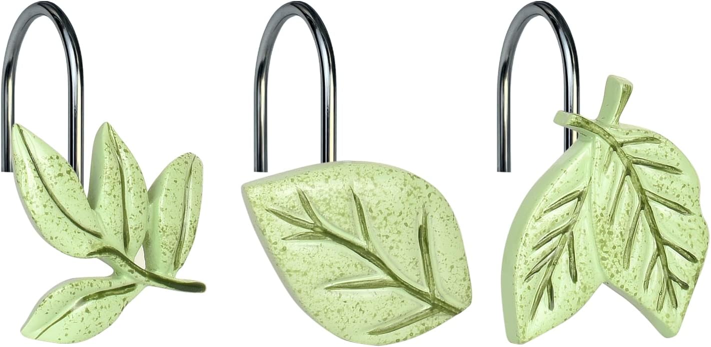 Light Green Plant Leaves Decorative Shower Curtain Hooks, Tropical Botanical Plam Tree Leaf Shower Curtain Rings for Bathroom, Resin, Cute Shower Curtain Hanger Hooks Bathroom Decor, Set of 12