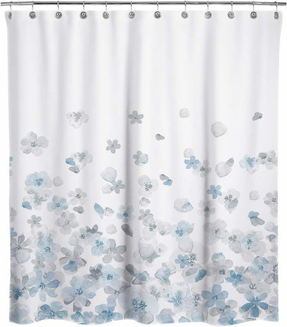 Sunlit Design Simple Style Blue and Gray Flower Blossoms Fabric Shower Curtains for Bathroom Decor with White Background, Machine Washable