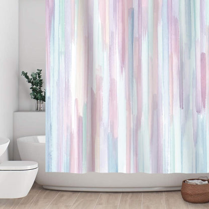 Sunlit Design Watercolor Painting with Macaron Pink and Blue Fabric Shower Curtain, Gouache Style Bathroom Decoration Curtains, Machine Washable