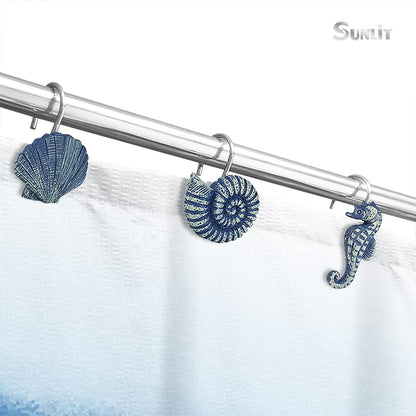 Sunlit Seashells Decorative Shower Curtain Hooks, Blue Ocean Creatures Coastal Shower Curtain Rings, Resin, Nautical Bathroom Decoration Beach Shower Curtain Hooks-12 Pack