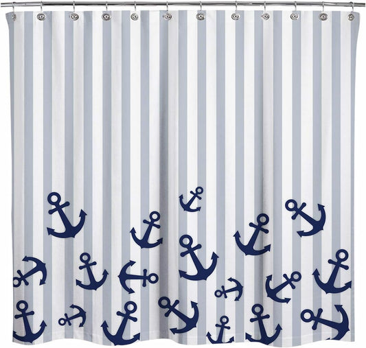 Sunlit Nautical Fabric Shower Curtain, Navy Blue Anchor with Gray Stripes Shower Curtains, Nautical Ocean Bathroom Decoration Curtains