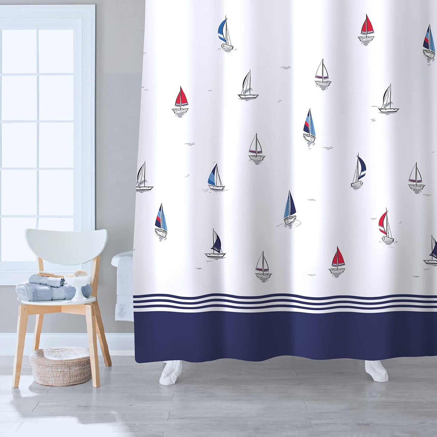 Sunlit Design Nautical Theme Fabric Shower Curtain, Navy Blue and Sailboats Color Block Stripes Shower Curtains Bathroom Decor Tapestry for Boys Children