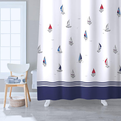 Sunlit Design Nautical Theme Fabric Shower Curtain, Navy Blue and Sailboats Color Block Stripes Shower Curtains Bathroom Decor Tapestry for Boys Children