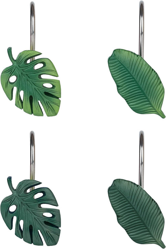 Tropical Leaf Decorative Shower Curtain Hooks Green Botanical Shower Curtain Rings, Resin, Monstera Deliciosa Strelitzia Reginae Leaves Shower Curtain Hangers for Bathroom, Set of 12