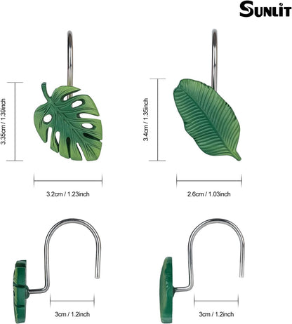 Tropical Leaf Decorative Shower Curtain Hooks Green Botanical Shower Curtain Rings, Resin, Monstera Deliciosa Strelitzia Reginae Leaves Shower Curtain Hangers for Bathroom, Set of 12