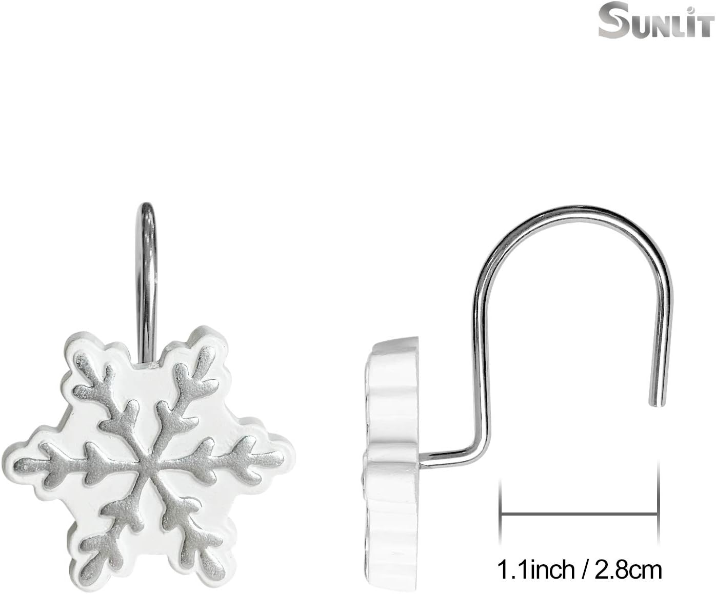 Sunlit Christmas Shower Curtain Hooks Snowflakes Shower Curtain Rings, Resin, White and Light Blue Christmas Decor, Winter Bathroom Decoration - 12 Pack