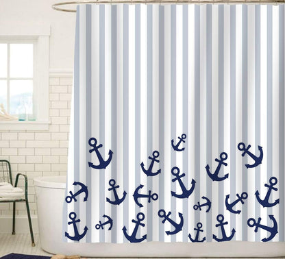 Sunlit Nautical Fabric Shower Curtain, Navy Blue Anchor with Gray Stripes Shower Curtains, Nautical Ocean Bathroom Decoration Curtains